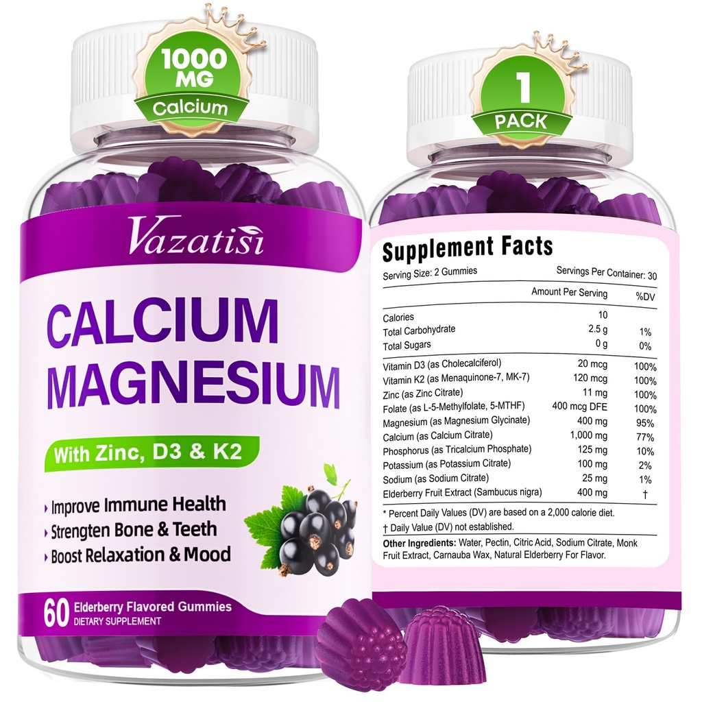 Calcium Magnesium Zink Gummies met Vitamine D3 en K2, Hoge Absorptie Magnesium Glycinate Kalium voor Immune en Spieren, Vegan Vlierbessen Smaak 60 Gummies
