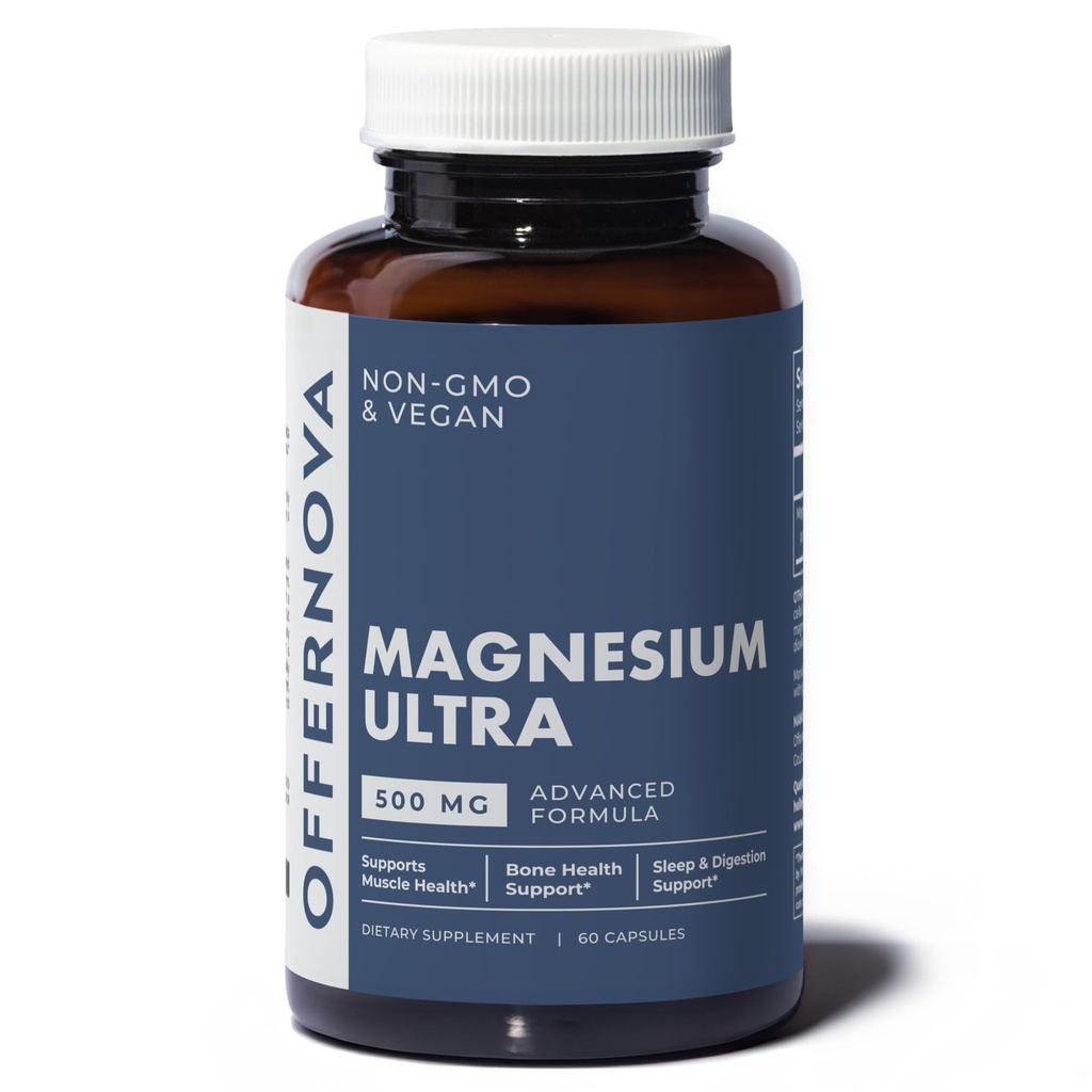 Offernova Magnésium Ultra - Haute Absorption 500mg Magnésium végétalien Citrate & Complexe à Oxyde - Boost Sommeil, Digestion et Santé musculaire pour les hommes et les femmes – Constipation Relief - Citrato de Magnesio