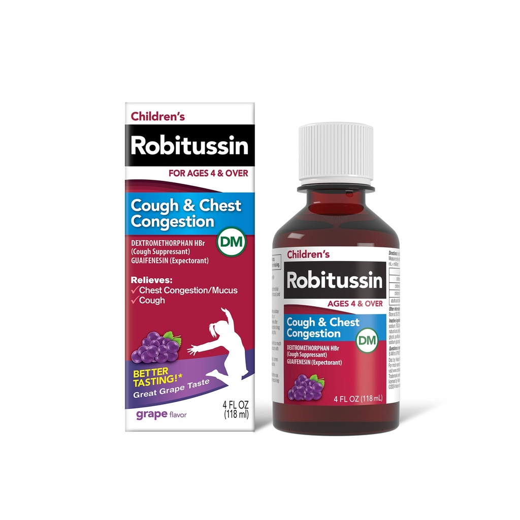 Robitussin kinderhoest en borstcongestie DM, Hoest Geneeskunde voor kinderen, Grape Flavor - 4 Fl Oz Fles, 300318715130