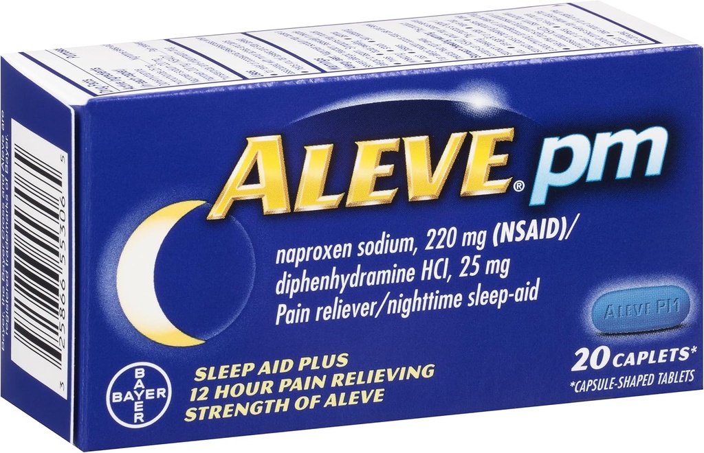 Aleve PM Caplets, Naproxen Natrium 220 mg (NSAID)/difenhydramine HCl 25 mg, Pain Reliver/Nighttime Sleep-Aid, Non-Habit Forming, 20 Tel.