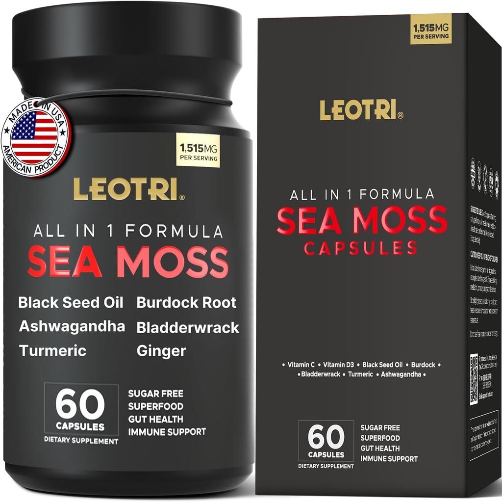 Biologische Irish Sea Moss Capsules: Sea Moss 10500mg Black Seed Oil 6000mg Turmeric 3000mg Ashwagandha 3000mg Bladderwrack 3000mg Burdock Root 3000mg Ginger for Skin Gut Health Superfood 60 Capsules