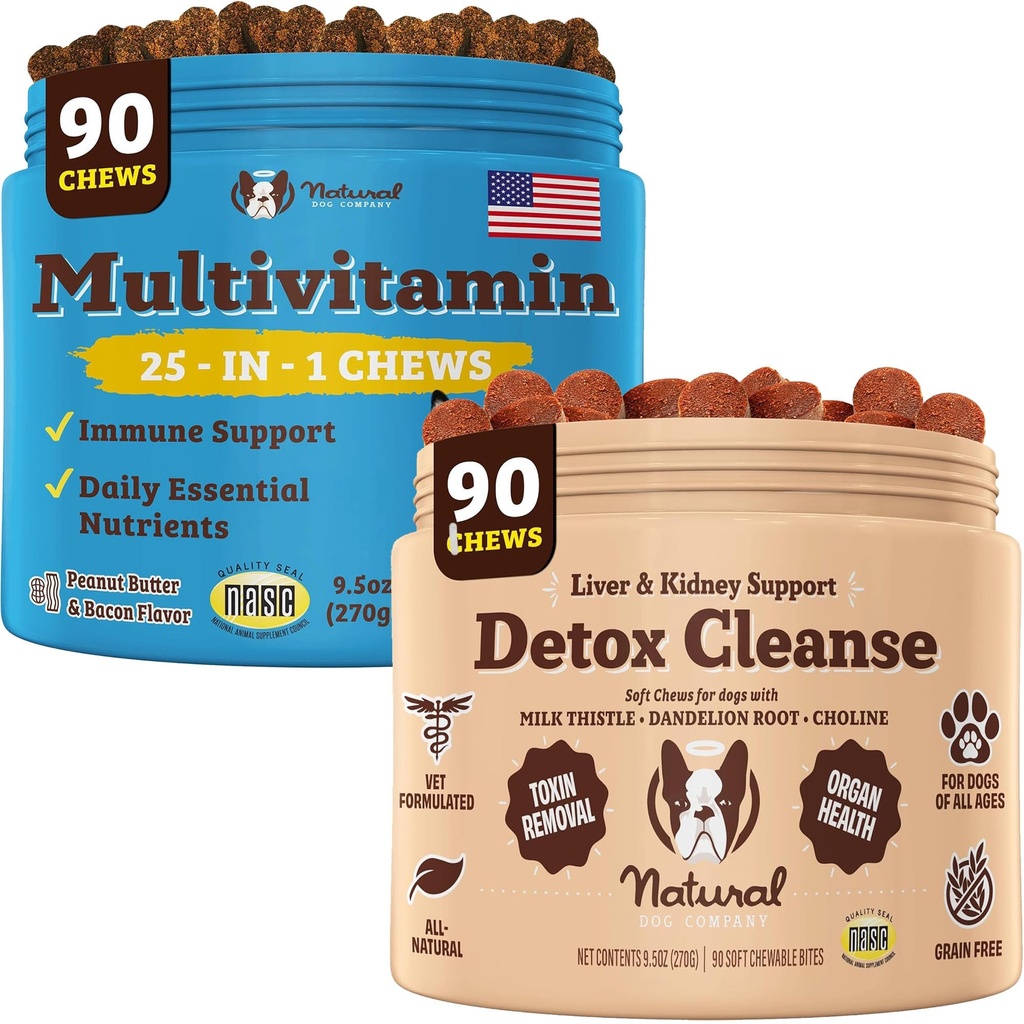 Natural Dog Company Multivitamine & Lever & Nier Kauwen bundel - Uitgebreide gezondheidsondersteuning voor senior honden, bevordert ontgifting, verbeterde spijsvertering, Radiante huid en jas, gemakkelijk te toedienen