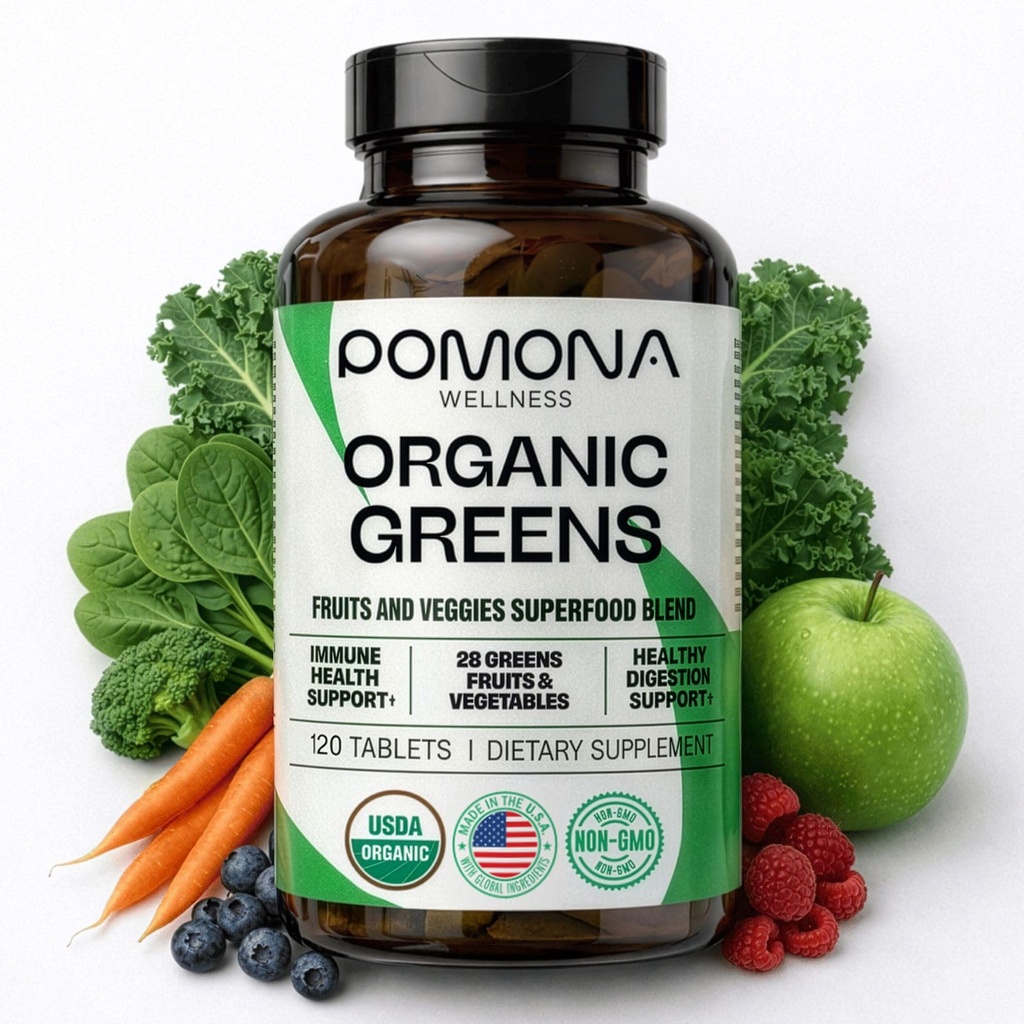 Pomona Wellness Super Greens Supplément, plein de vitamines et minéraux super-alimentaires, fruits et légumes, vert poudre pour le bloom et la digestion, Gut Health, USDA biologique, non-OGM, 120 comprimés
