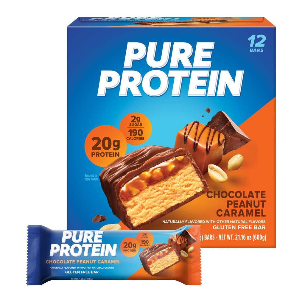 Pure Protein Bars, Hoge Proteïne, Nutrische Snacks ter ondersteuning van energie, lage suiker, Glutenvrij, Chocolade Pinda Karamel, 1.76oz, 12 Tellen (pakket van 1) (Verpakking mei Vary)