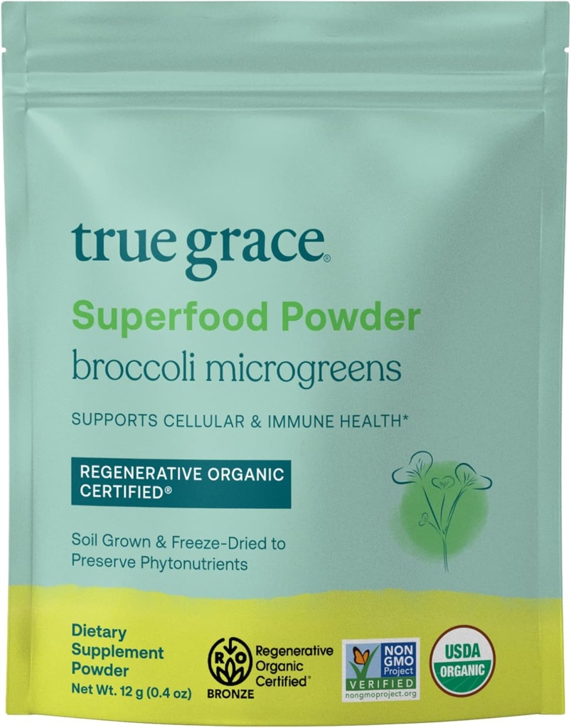 True Grace Broccoli Microgreens - 0,4 oz - Daily Superfood Powder for Cellular & Immune Health - Glutenvrij, veganistisch, regeneratief biologisch gecertificeerd - 30 porties