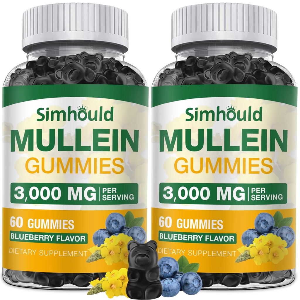 2 Pack Sugar Free 3000MG Mullein Gummies - Lung Cleanse, Mullein Leaf Extract Supplement voor ademhaling, biologische Mullein druppels met quercetine & Bromelain voor Lung, spijsverteringsziekte & Immune