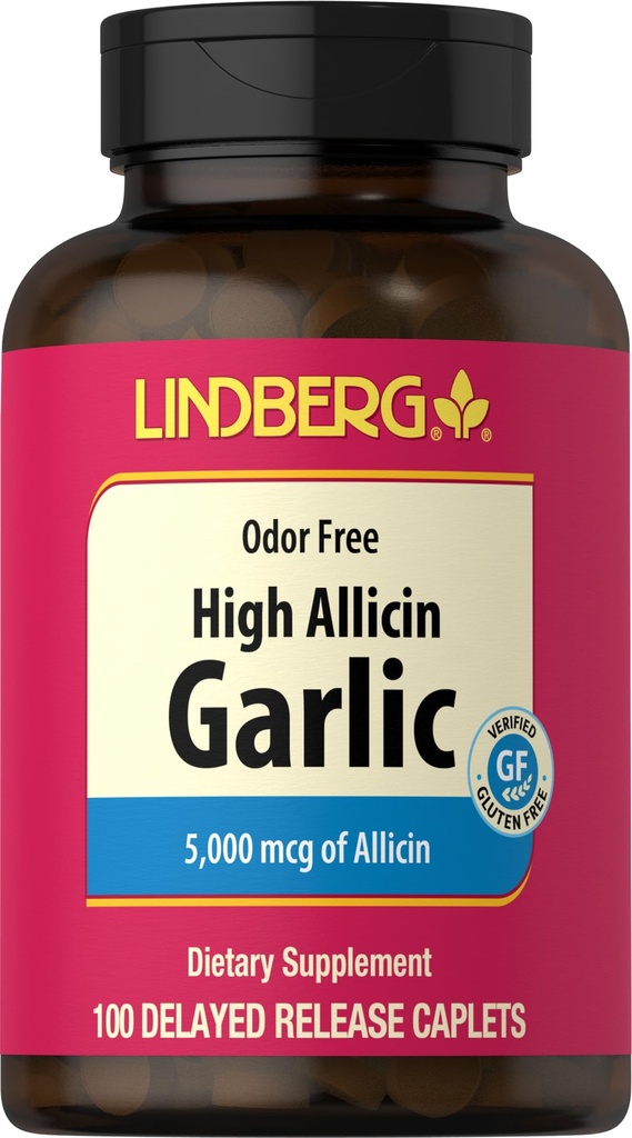 Lindberg Garlic Supplement Pills | 500mg | 100 Caplets | Odorless with High Allicin (5000mcg) | Allium Sativum Extract | Non-GMO, Gluten Free