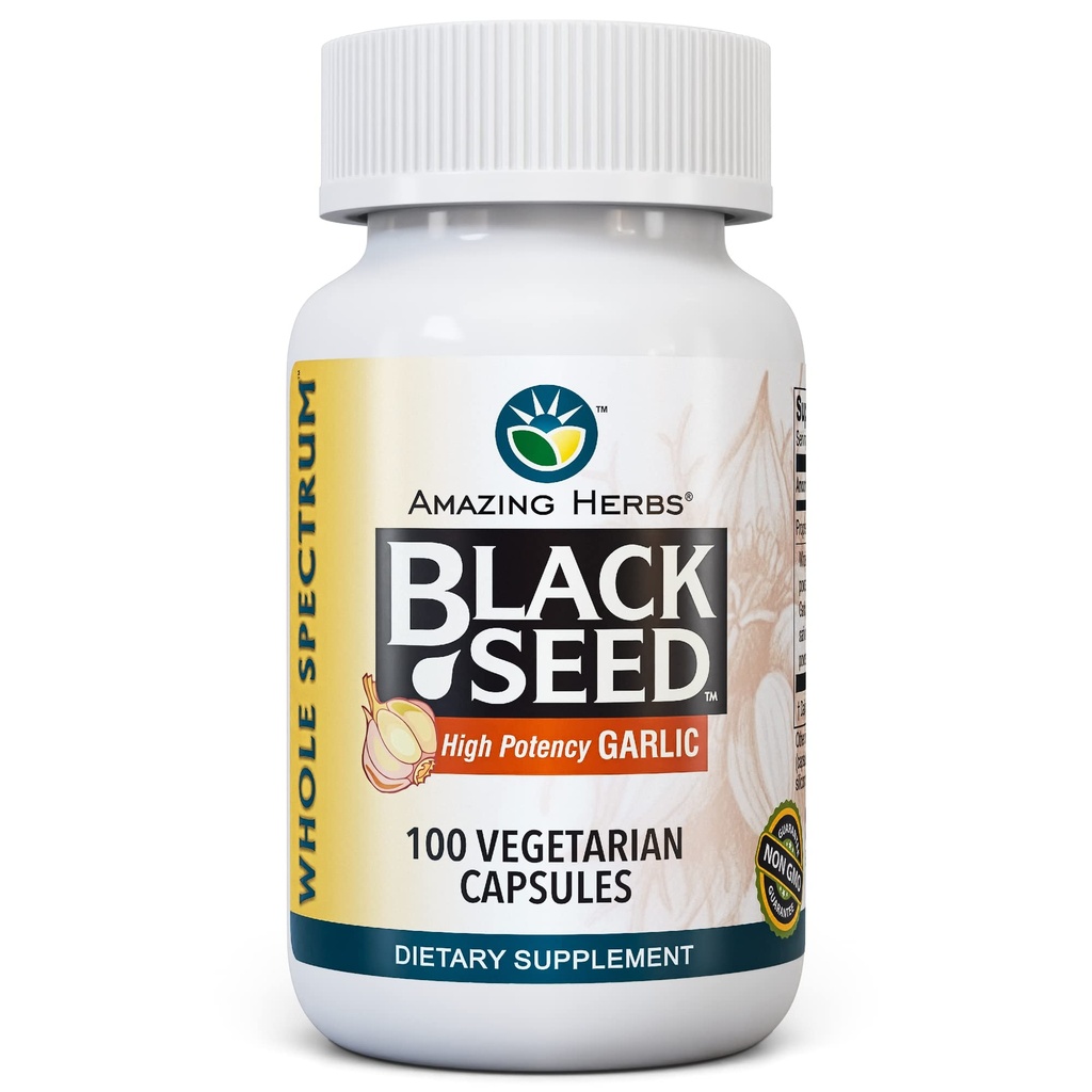Amazing Herbs Whole Spectrum Black Seed & High Potency Ail, Capsules végétariennes - Sans gluten, sans OGM, végétalien, soutient le système immunitaire, la fonction pulmonaire et la santé cardiovasculaire - 100 Compte