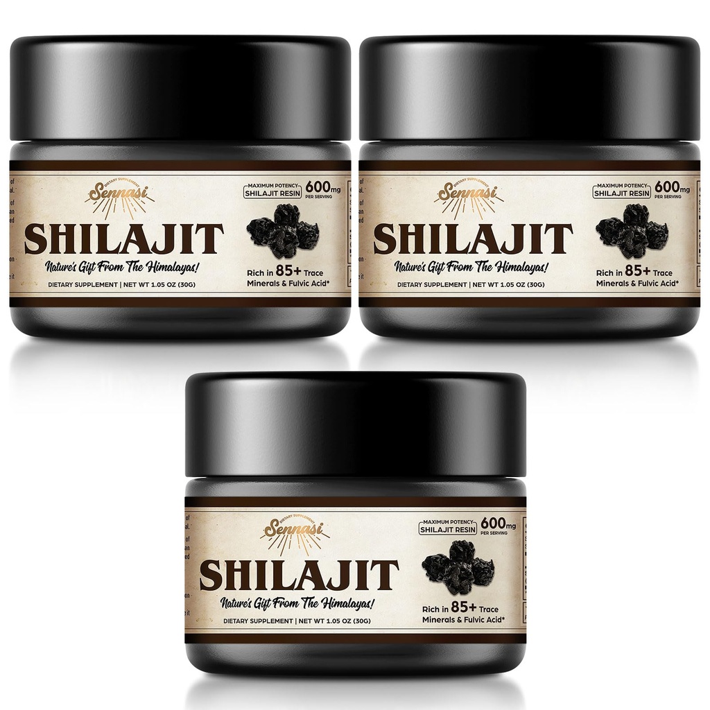 Shilajit Pure Himalayan Organic Shilajit Resin - 600mg Potence maximale Résine naturelle biologique Shilajit avec 85+ Trace Minerals & Acid Fulvic pour l'énergie, support immunitaire, 30 Grams (3 Pack)