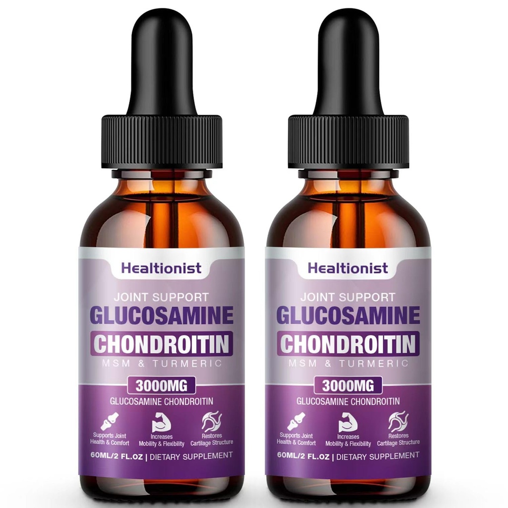 2 Pack Glucosamine Chondroïtine MSM gouttes liquides, supplément de soutien articulaire extra-fort pour les adultes hommes et femmes, Quercetin Boswelia, Bromelain, Antioxydant Imune Support (4 Fl oz)