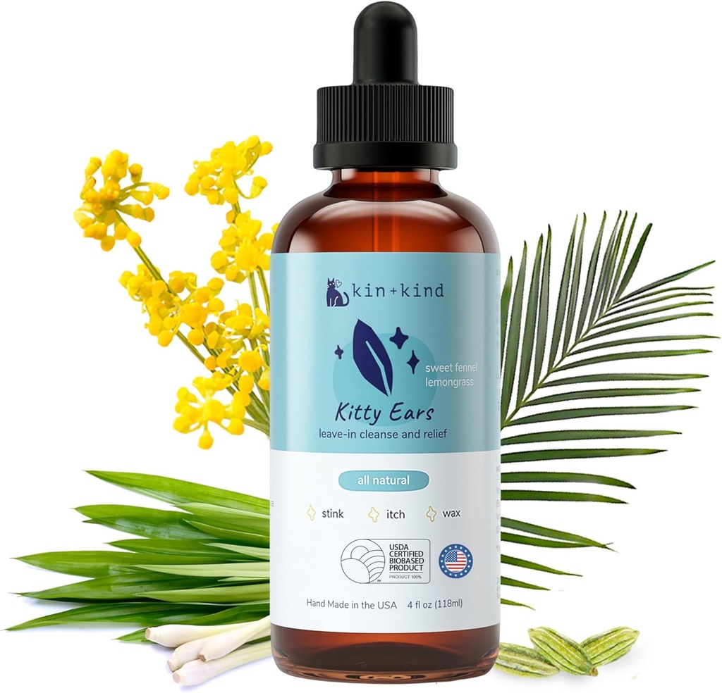 kin+kind Kattenoorreiniger - Kattenoordruppels, Vetooroplossing, Elimineert Wax, Odor en Itchy Irritation, Kattenoorreiniger oplossing, Natuurlijke in-Home Dierenverzorging - Made in USA