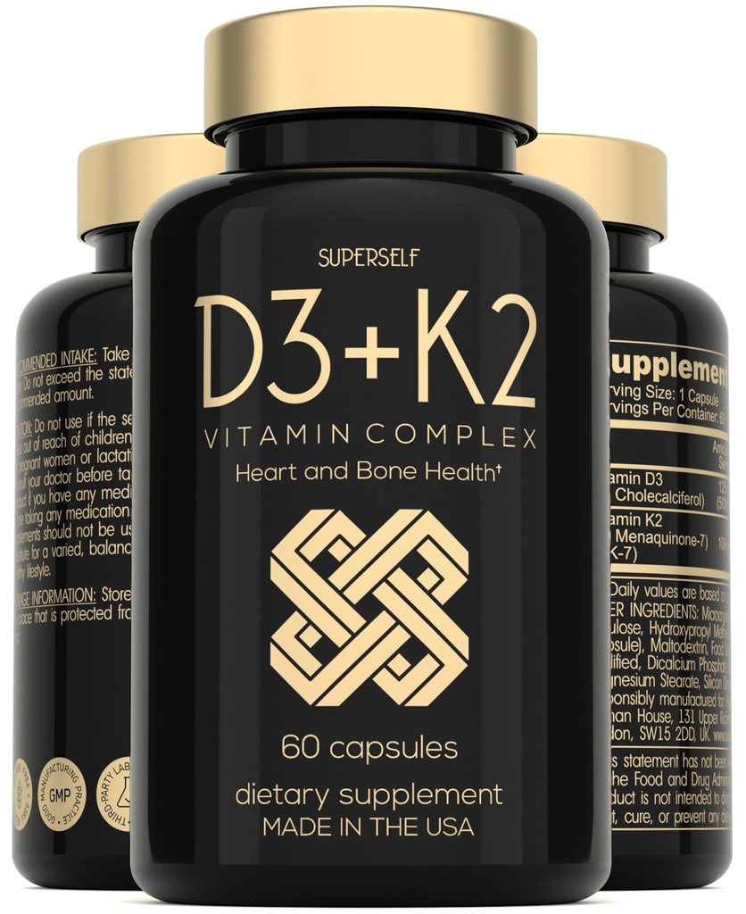 Capsules Vitamine D3 K2 - Vitamine D3 5000 UI et Vitamine K MK7 100mcg - 60 Capsules - Supplément Végétarien Vitamine D fabriqué aux États-Unis - VIT D haute résistance pour os, muscles, dents, système immunitaire