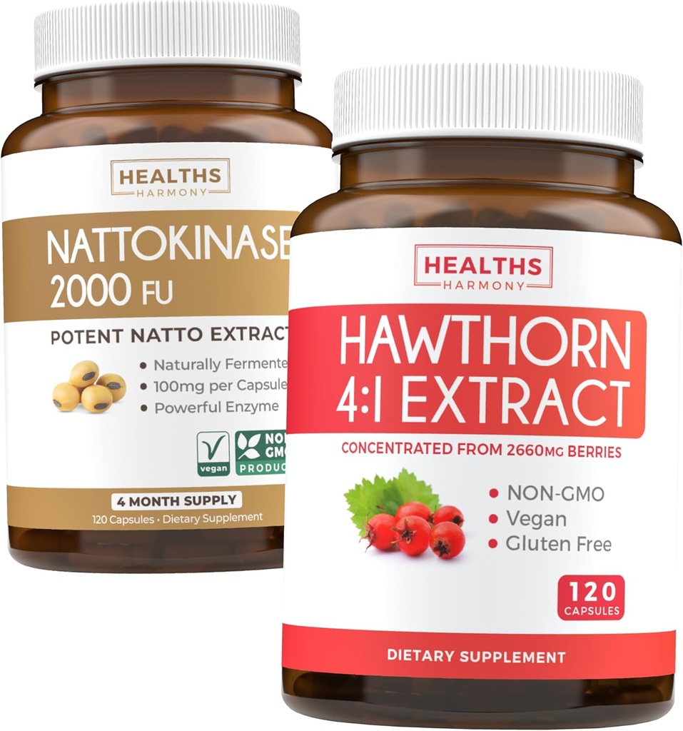 Nattokinase & Hawthorn (4-maandvoeding) Nattokinase Berry Harmony - Nattokinase 2000 FU Krachtige natuurlijke gefermenteerde soja (4-maandvoeding) & Hawthorn Berry 4:1 Extract - Vegan en niet-GMO