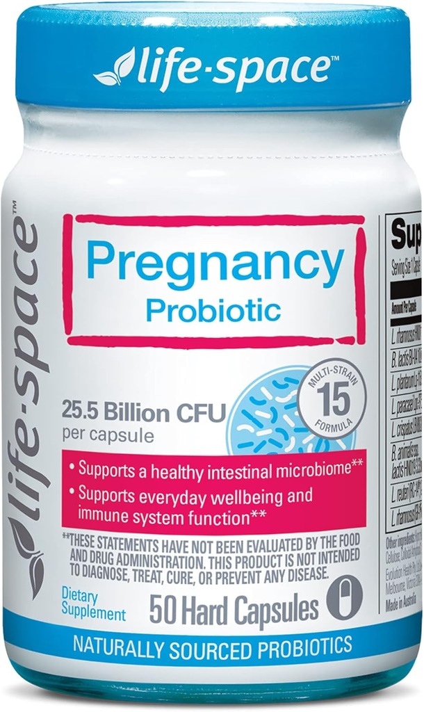 Probiotique de grossesse dans l'espace vital, 25,5 milliards CFU et 15 souches Probiotique pour les femmes, cliniquement prouvé pour la santé digestif, immunitaire et de la peau de maman et de bébé, 50 capsules