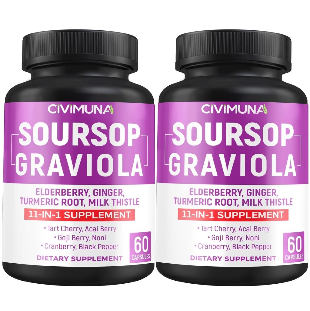 Sourop Graviola Capsules avec Elderberry, Curcumine curmérique et plus - 120 Capsules pour 4 mois d'approvisionnement (paquet de 2)