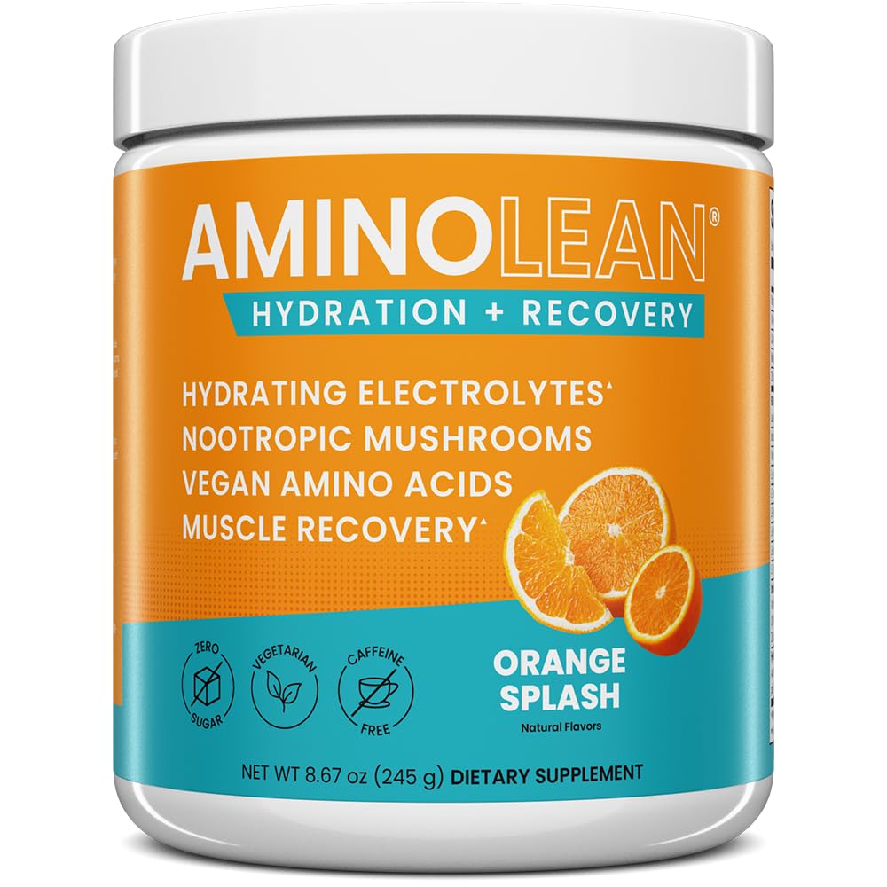 Poudre d'électrolyte hydratant AminoLean et boisson de récupération avec des minéraux marins, des champignons nootropiques et des acides aminés végans, BCAAs + AEA pour la construction de muscles après l'entraînement, Orange Splash