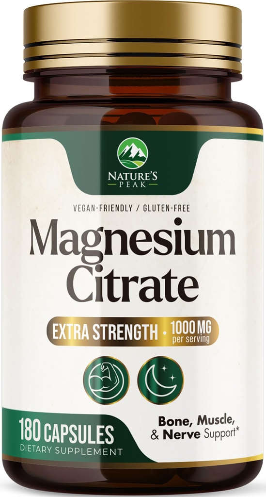 Magnesium Citrate 1000mg - Hoge Absorptie Magnesium Supplement Ondersteunt spier, bot, zenuw- en hartgezondheid - Extra sterkte Magnesio Complex Pillen - Non-GMO, Premium Energy Formula - 180 Capsules