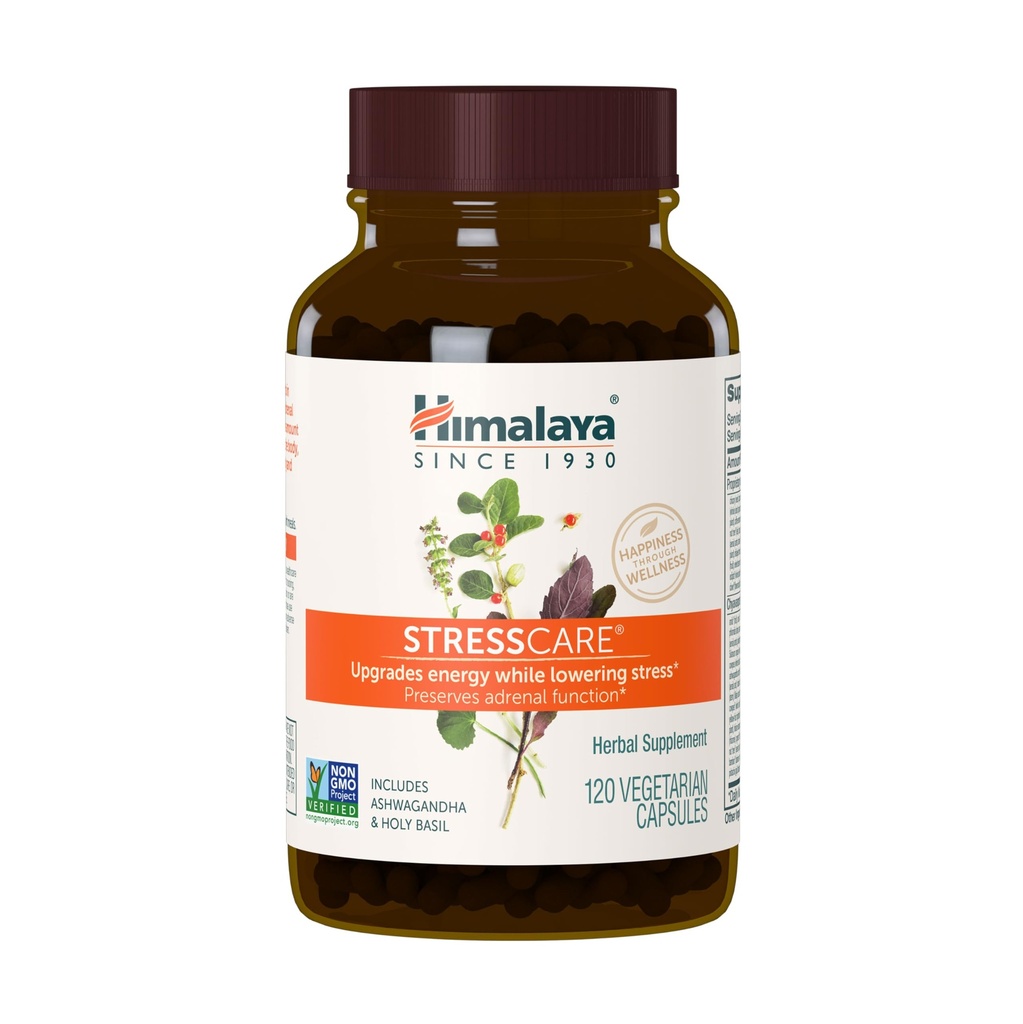 Himalaya StressCare, 30 dagen levering - Herbal Adrenal Support for Calming Relaxation, Stress Relief, Energy Support and Occasional Slapelessness - Vegan, Non-GMO, Glutenvrij, 120 Capsules