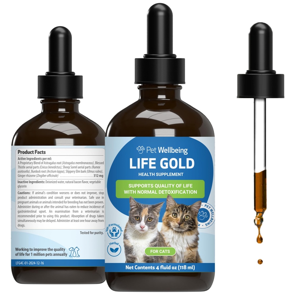 Pet Wellbeing Life Gold for Cats - Ondersteunt Ontgifting, Immuun Systeem Gezondheid, Antioxidanten - Vet-geformuleerd Kruidensupplement 