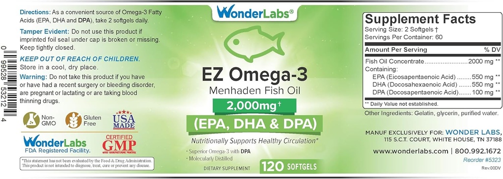 Supplément d'huile de poisson EZ Omega-3 Atlantic Menhaden 2000 mg, sans Burp, fabriqué aux États-Unis, parfait équilibre de l'EPA+ DHA + DPA 120 Softgels