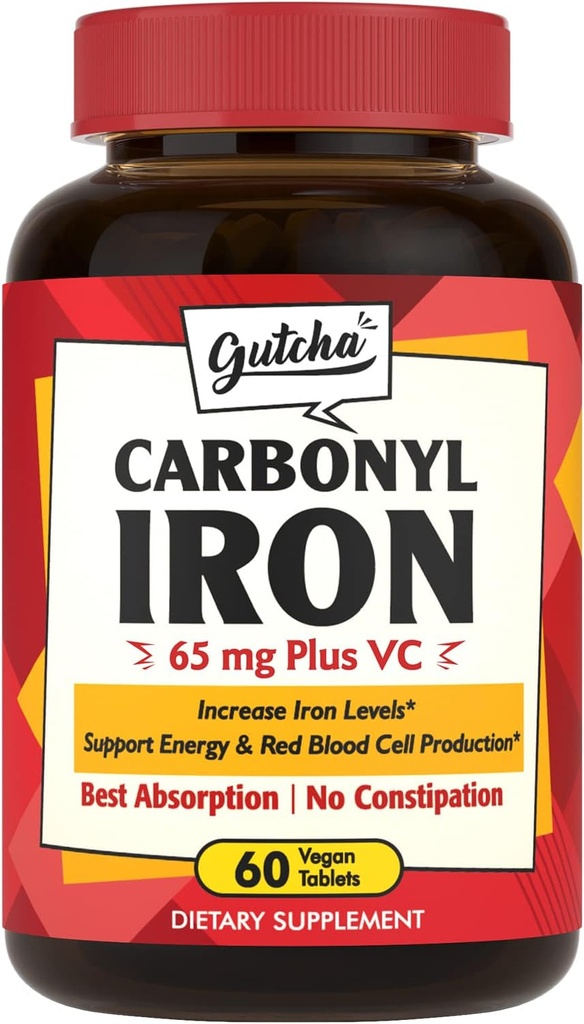 IJzersupplement, 65 mg Carbonyl Iron Plus Vitamine C, energie en bloedondersteuning voor vrouwen en mannen, betere absorptie, zachtheid op de maag, geen misselijkheid, geen constipatie, veganistisch, niet-GMO, 60 Ct