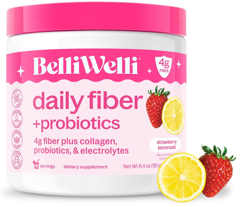 Belli Welli Supplément de fibre pour les femmes et les hommes, poudre de fibre quotidienne premium de l'acacia biologique avec collagène ajouté, électrolytes et probiotiques, sans bloat, constipation et soutien de la santé Gut (Lémonade de Strawberry)