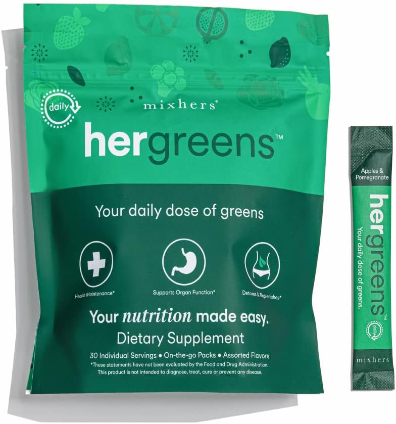 MIXHERS Hergreens - Greens & Veggie Powder - Fabriqué à partir d'aliments entiers - avec enzymes digestives et Kale - Nutrition conçue pour les femmes - Soutien coeur et foie - 15 paquets de boissons - Pamplemousse rose