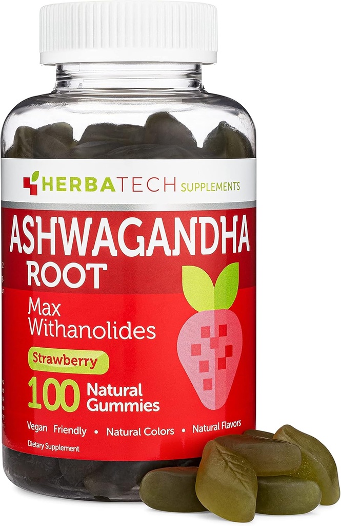 Ashwagandha Gummies for Men and Women - Sterkste 1.500mg Formule (100 Gummies) 3% Withanolides Cortisol Blocker for Relief, Calming, and Relaxation from Herbatech Supplements
