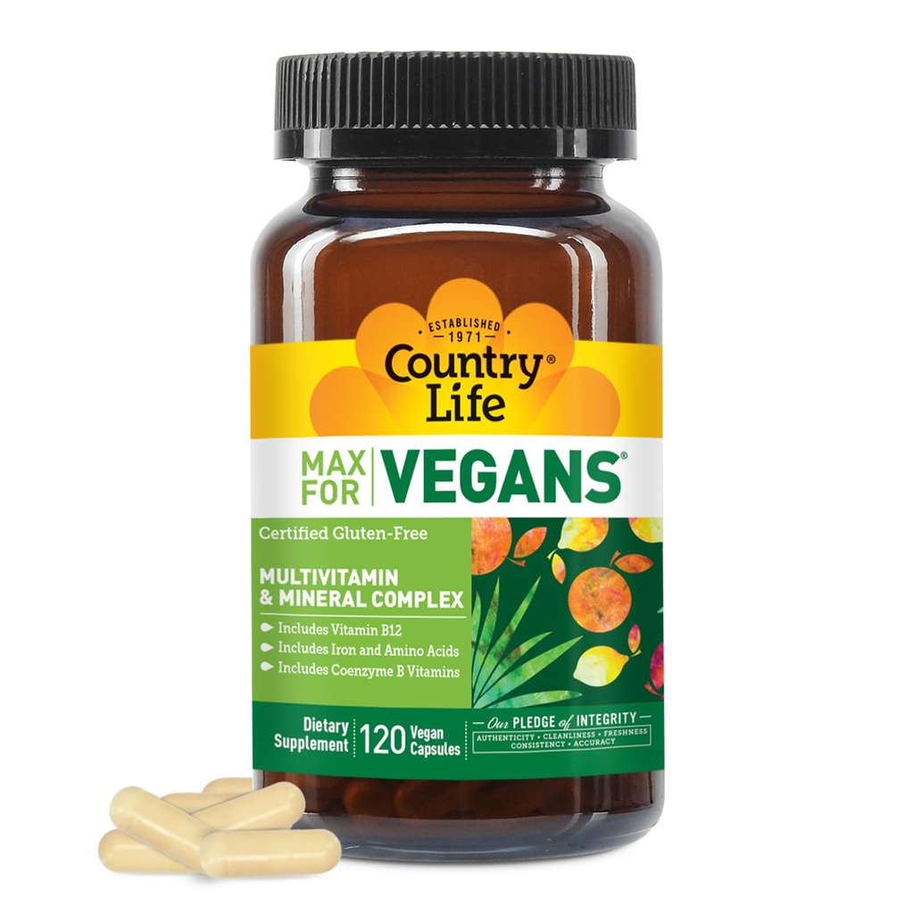 Country Life Max voor Vegan - 120 Vegan Capsules - Dagelijkse Multivitamines - Immune Support Supplement - Bevat vitamine B12, ijzer, Aminozuren, Co-enzym B Vitaminen - Glutenvrije