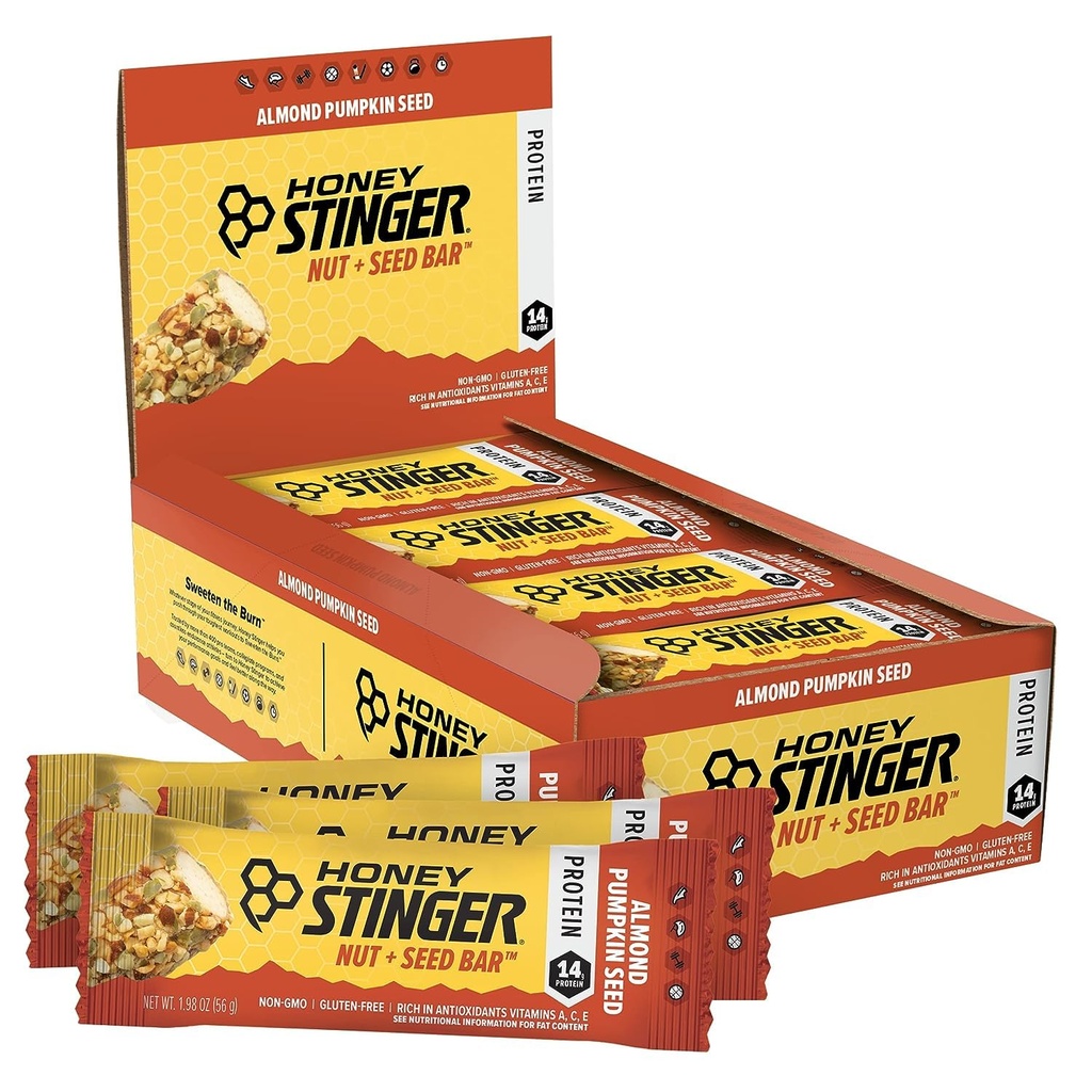 Honing Stinger Nut + Zaad Bar, Amandelpompoenzaad, Proteïne verpakt voedsel voor oefeningen, duurzaamheid, prestaties en herstel, Sport Voeding Snack Bar voor thuis & Gym, Post Workout, Doos van 12