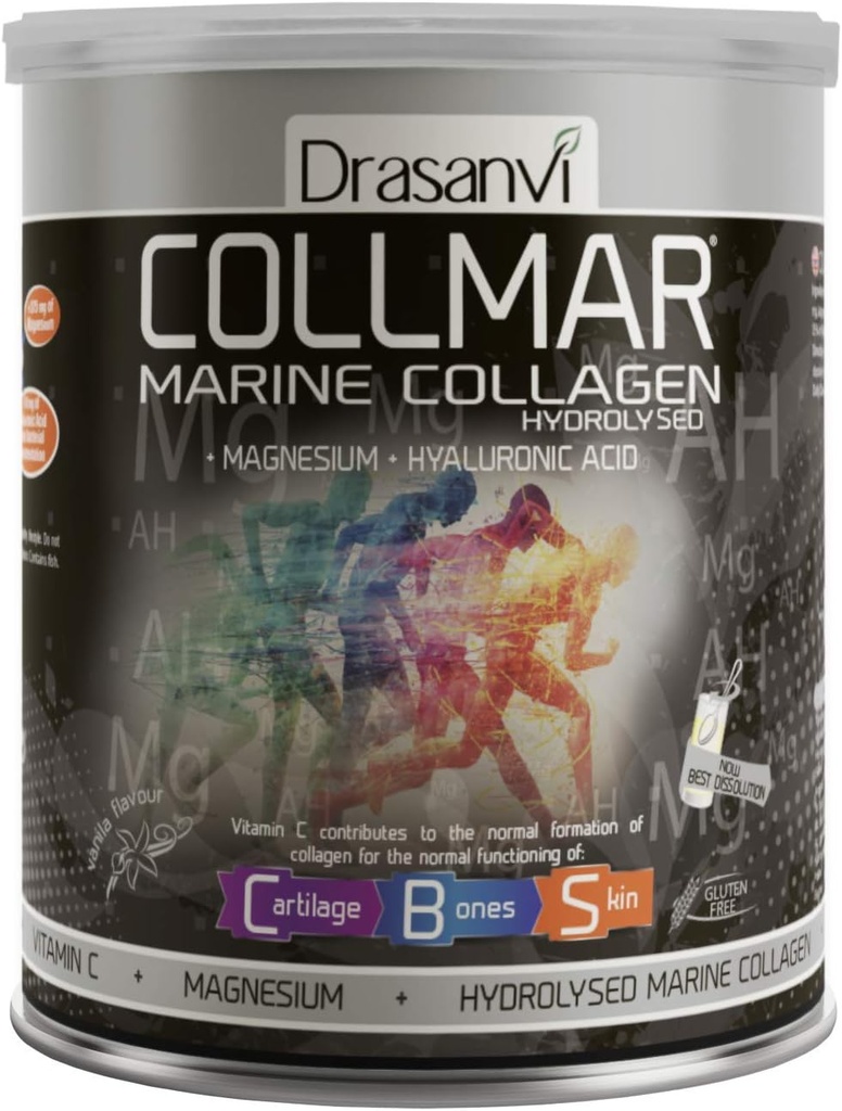 Drasanvi Collmar Gehydrolyseerde Marine Collageen met Magnesium Poeder 300g / 10.58ounce / Vanille smaak - voor een gezonde huid cartilage en botten - helpt minimale vermoeidheid en vermoeidheid