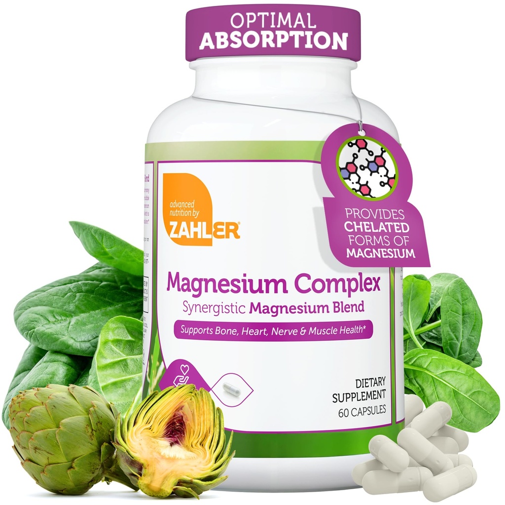 Supplément complexe de magnésium de Zahler - Mélange de supplément multi-magnésium avec le glycinate de magnésium, le malate, l'aspartate, le taurinate et l'oxyde plus de vitamine B6 - Santé du coeur et des muscles osés (60 capsules)