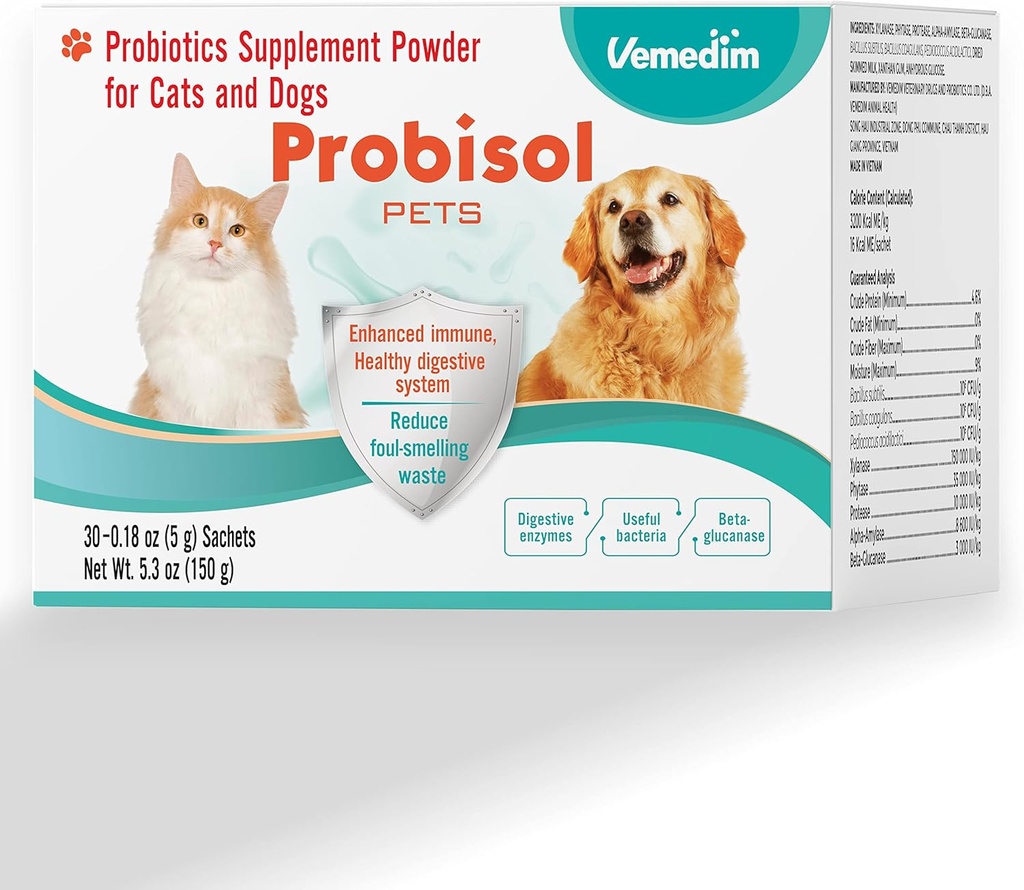Probisol Huisdieren, Probiotische poeder voor honden en katten, helpt ondersteuning van een gezonde immuun, spijsverteringssysteem, verminderen Foul-Smelling afval, betere spijsvertering / Melk smaak / 5.3oz (150g)-30 pakketten