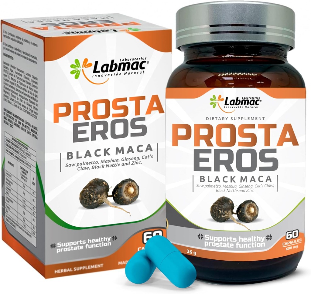 ProstaEros- Prostate Support Supplement - 7 natuurlijke ingrediënten- Black Maca, Saw Palmetto, Mashua, Cat's Claw, Gingseg, Black Nettle en Zink. Capsules 60 Tellen (Pack of 1)