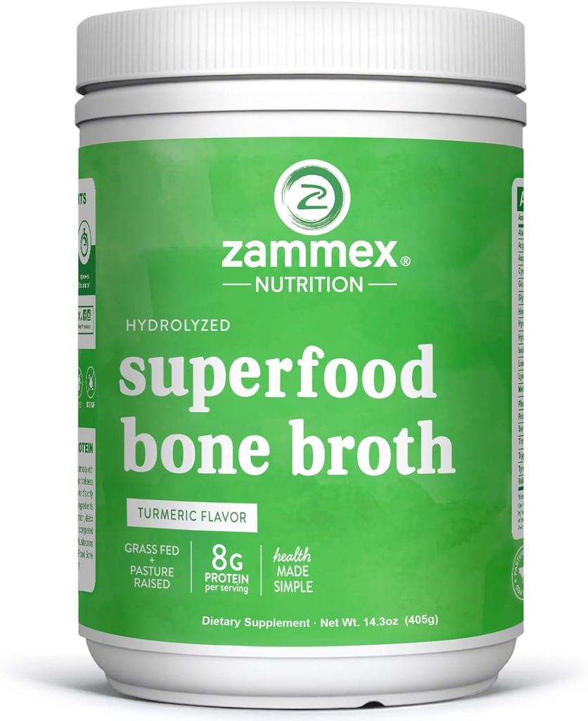 Zammex Bone Broth Plus Superfood Proteïne Poeder (Kurkuma smaak), 8g Gehydrolyseerd eiwit met vitamine D, voor gezonde huid, nagels, haar, gewrichten & spijsvertering,Non-GMO (30 porties)