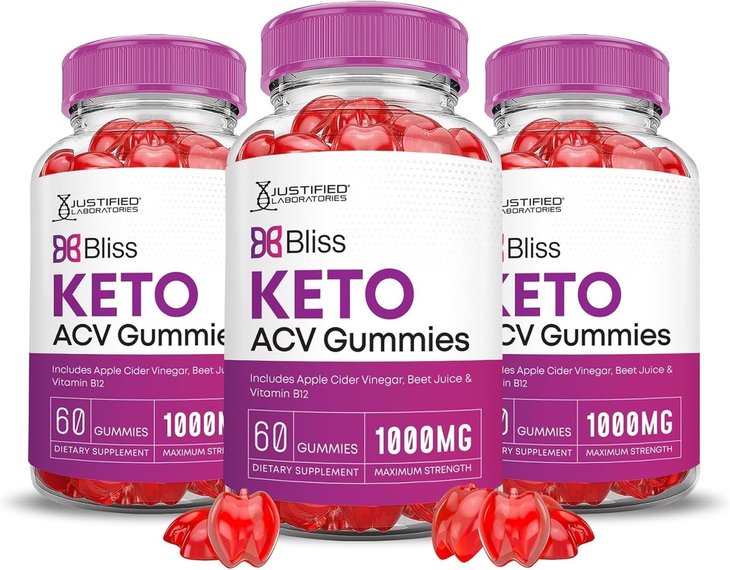 Justified Laboratories (3 Pack Bliss Keto ACV Gummies Advanced Formula 1000MG Bliss Keto Gummies Apple Cider Vinegar Boost Geformuleerd met Granaatappel Beet Juice Powder B12 Vegan Non GMO 180 Gummys