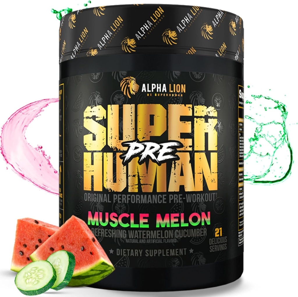 ALPHA LION Superhuman Pre Workout Powder, Beta Alanine, L-Taurine & Tri-Source Cafeine for Sustained Energy & Focus, Nitric Oxide & Citrulline for Pump (21 Servings, Muscle Melon)