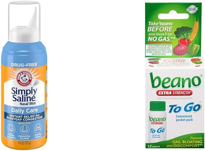 Arm & Hammer Simpelweg Saline Neusspray 4.5oz & beano to Go Gas Relief Tablets 12 Tellen