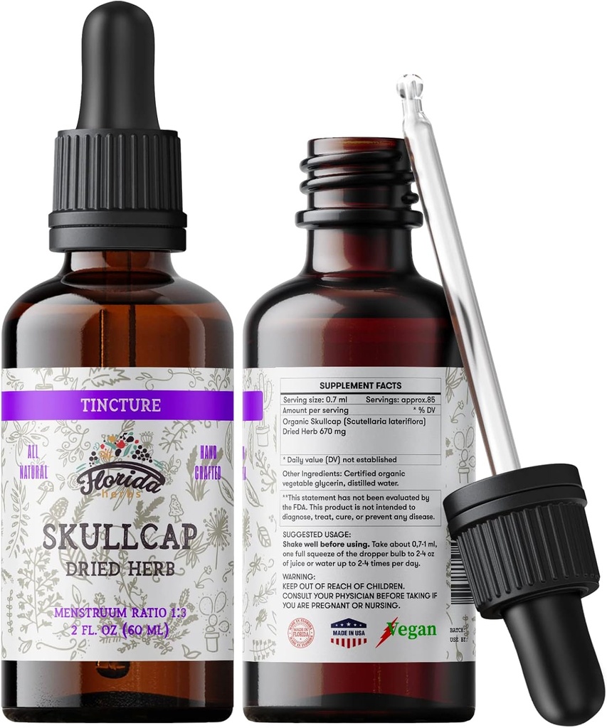 Teinture de la casquette, extrait de la casquette biologique, gouttes de la casquette (Scutellaria lateriflora) Herbe séchée 2 0z (60 ml)