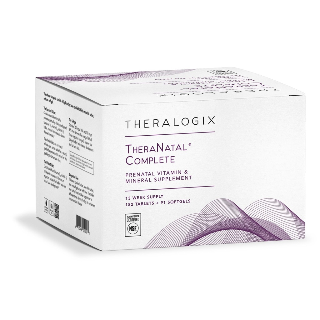 Theralogix TheraNatal supplément complet de vitamine prénatale - Approvisionnement de 91 jours - avec DHA, vitamine D3, folate, iode, choline, fer, vitamine B6 et plus - NSF certifié - 182 comprimés et 91 softgels