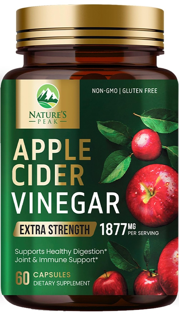 Apple Cider Vinegar Capsules ACV Supplementen 1877mg, Vitamine D3, Zink & Best ACV Supplement Pillen ter ondersteuning van Gut Health voor betere spijsvertering, Immuunsysteemondersteuning, Non-GMO & Glutenvrij, 60 capsules
