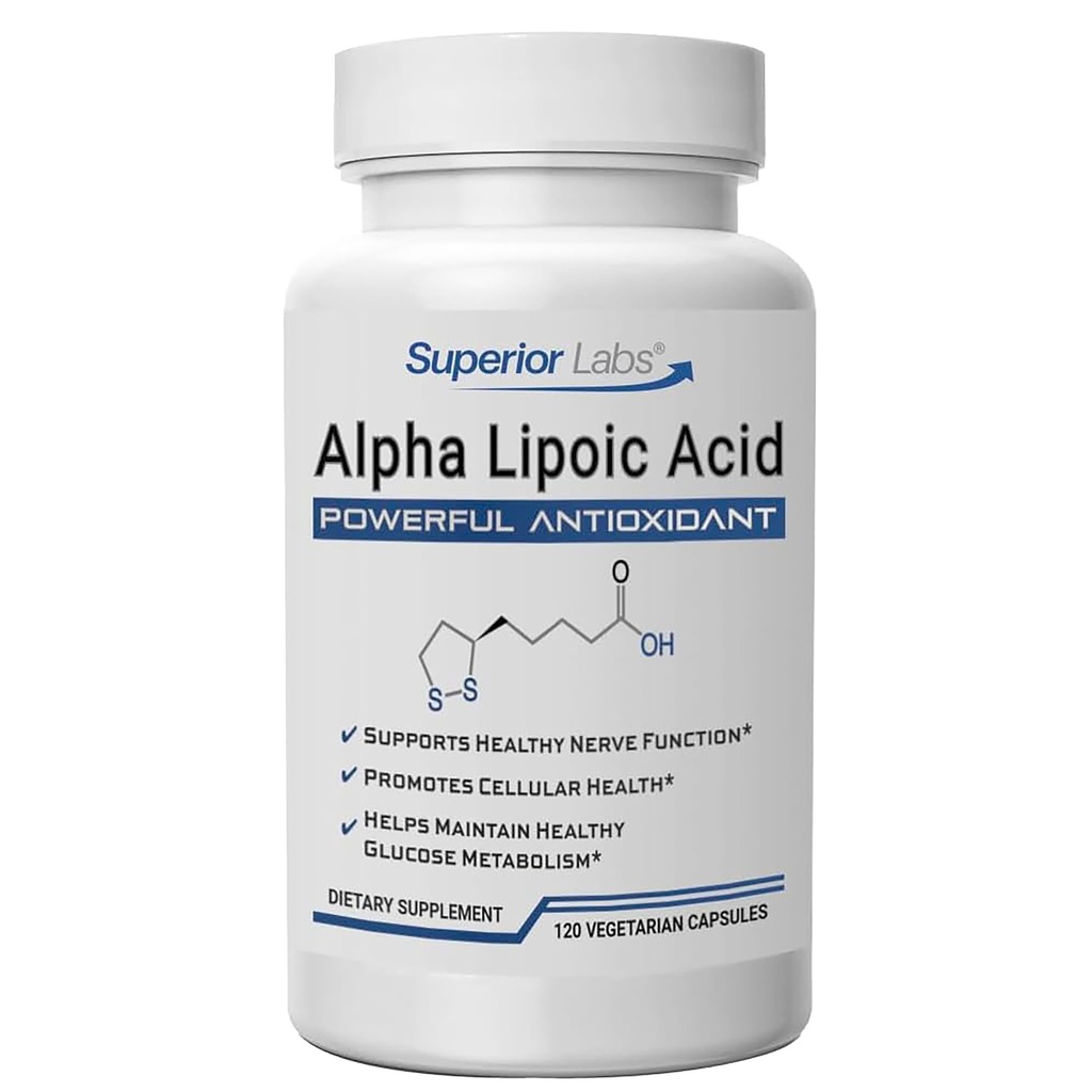Superior Labs Alpha Lipoïne Acid 600 mg Capsules, Pure Non-GMO ALA, Hoge Absorptie, Zenuwondersteuning, Gezonde Circulatie en Zenuwrespons, Gezond Verouderend Antioxidant, 120 Veg Caps, 4-maand Supply