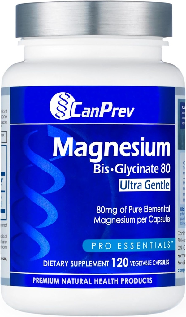 CanPrev Magnesium Biglycinaat Gecheld 80 mg Ultra Gentle 120 V-Caps 120-Day Supply - Ondersteuning spierfunctie, botsterkte en ontspanning, pure Magnesium Biglycinaat formule, bevorderen Comfort & Balance