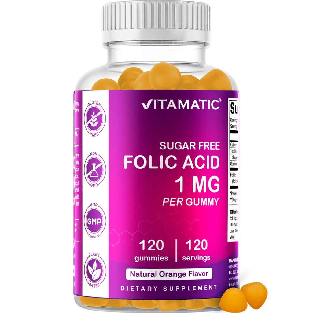 Vitamatic Sugar Free Folic Acid 1 mg Gummies 120 Count Orange Flavor