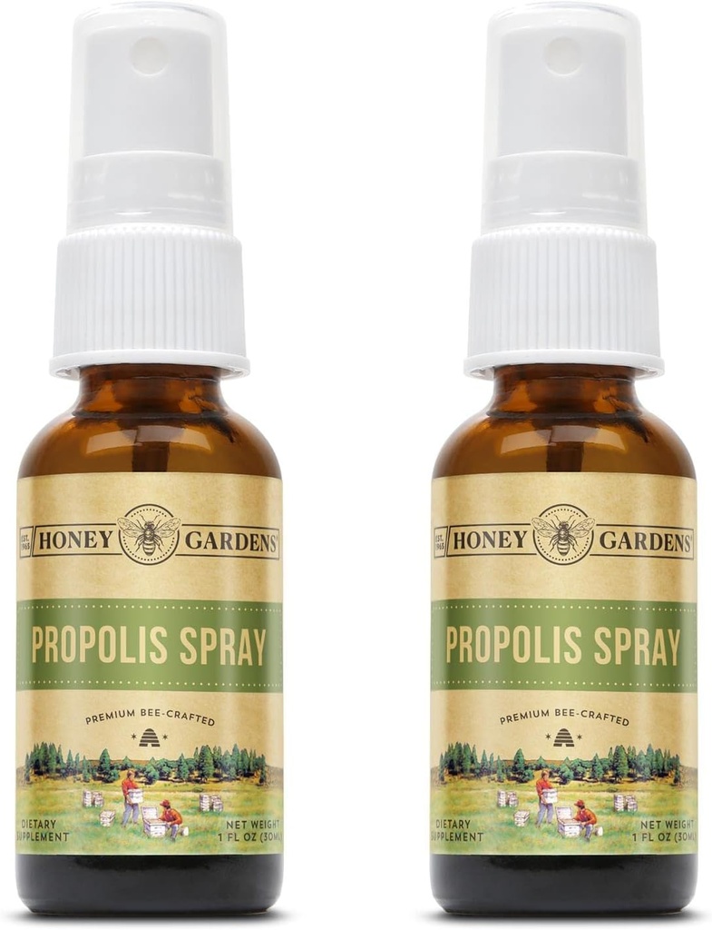 Honey Gardens Abeille Propolis Spray de gorge avec Apitherapy Miel cru, racine de réglisse et Usnea. 50 portions