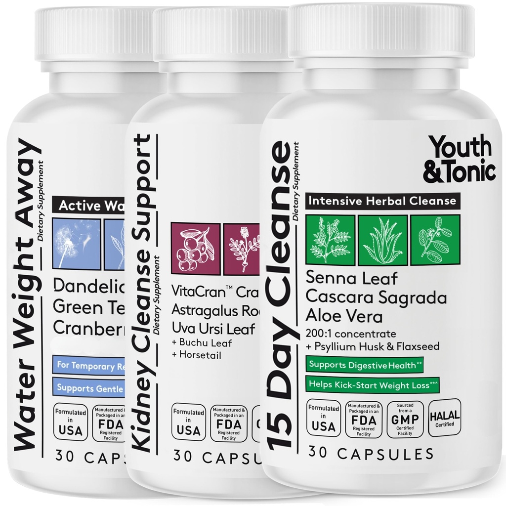 Jeugd & Tonic Complete Multi-Organ Detox-ondersteuning 15 dagen Colon Cleanser & Gut Detox, Nierreiniging, Waterbalans & Lever Gezondheid, 90 pillen voor vrouwen en mannen