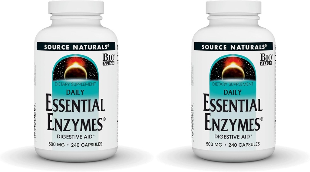 Bron Naturals Essential Enzymes 500mg Bio-uitgelijnd Multiple Enzyme Supplement Herbal Defense for Digestion, Gas, Constipatie & Bloating Relief - Supports Immune System - 240 Capsules (Pack of 2)