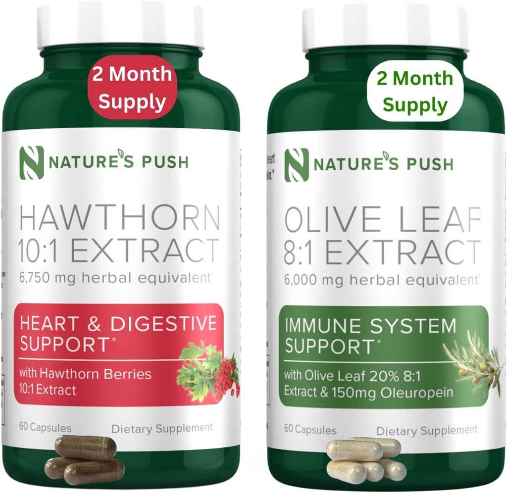 Nature's Push Hawthorn Berry en Olive Leaf Bundle of Super Potent 10:1 Hawthorn Berry Extract (2 maand aanbod) en Olive Leaf Super Potent 8:1 Extract 20% Oleuropein 750mg Capsule (2 maand aanbod)