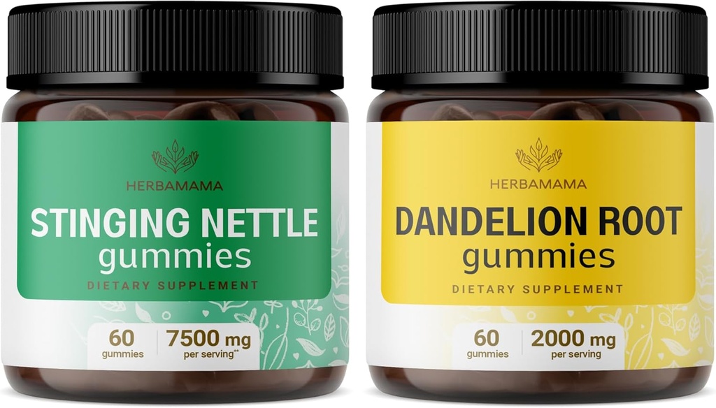 HERBAMAMA Brandnetel en Dandelion Kit - Bundel van 7500 mg Stinging Nettle Root & 2000 mg Dandelion Root Gummies - Vegan, Non-GMO, Gelatine-Free - 2 Pack