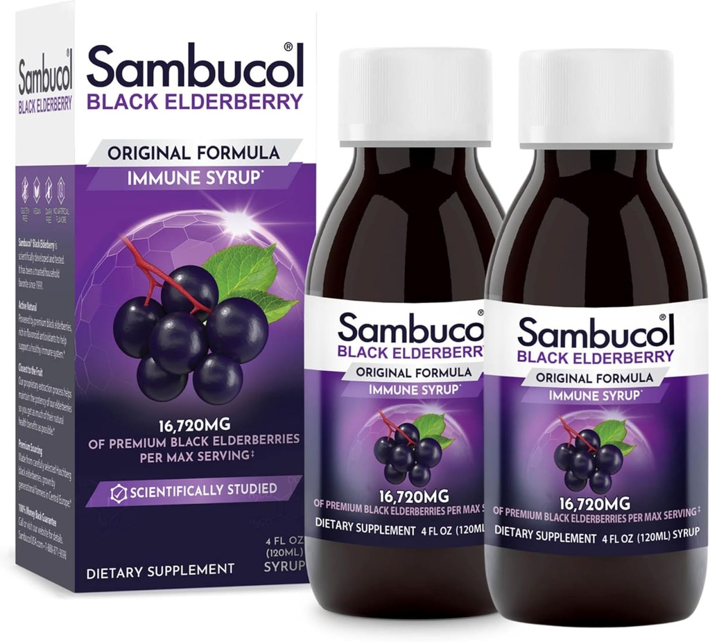 Sambucol Black Elderberry Syrup - Sambucus Elderberry Syrup, Black Elderberry Liquid, Immune Support for Kids and Adults, High Antioxidants, Gluten Free - Original Formula, 4 Fl Oz, 2-Pack